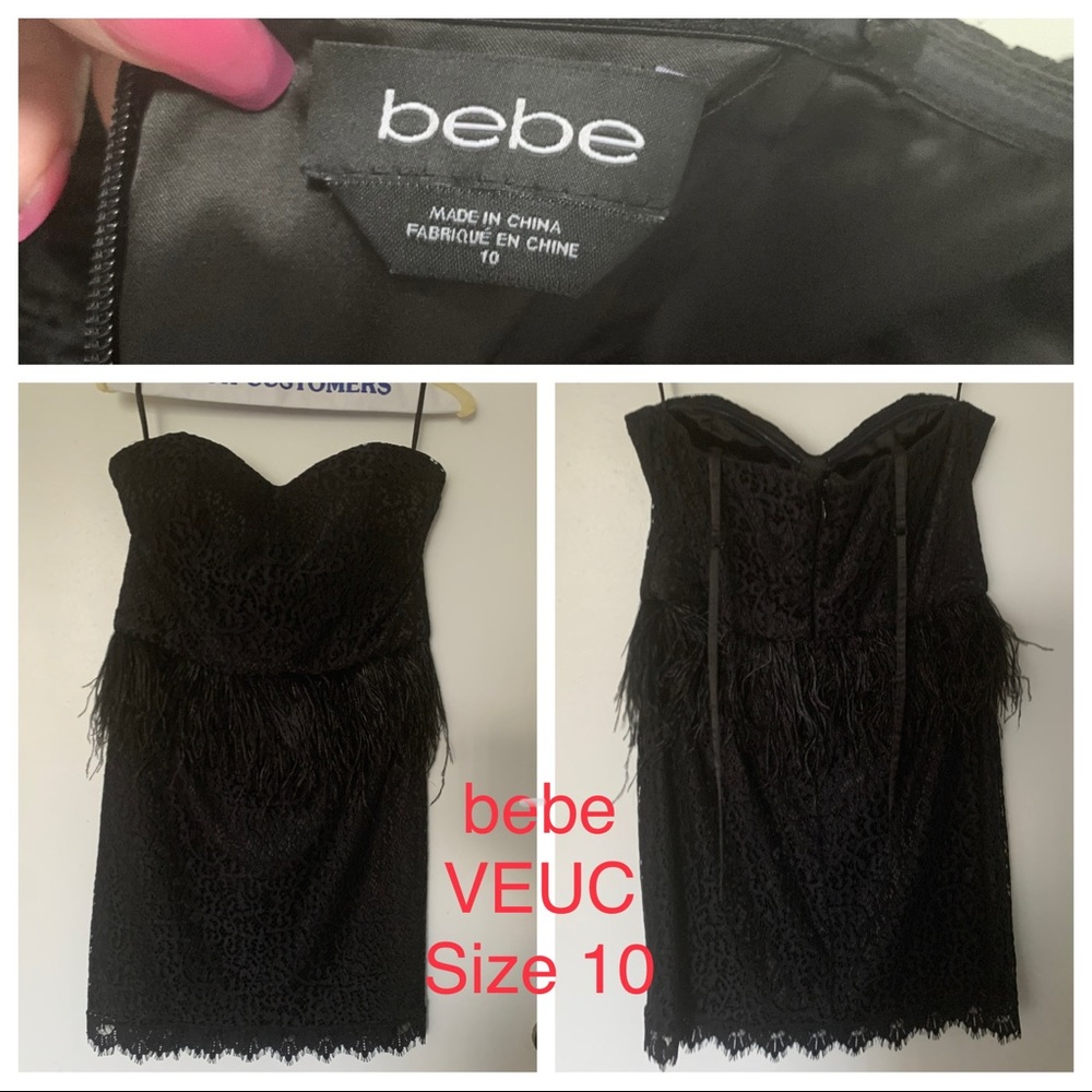 Vintage bebe Lace Bustier Dress with Feather Peplum Black Size 10